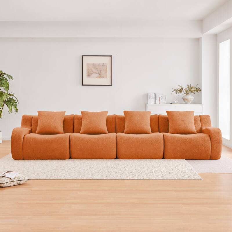 Roomfitters 4-Seat Teddy Fabric Boneless Sofa, No Assembly Modular Couch with 32D Sponge - Orange