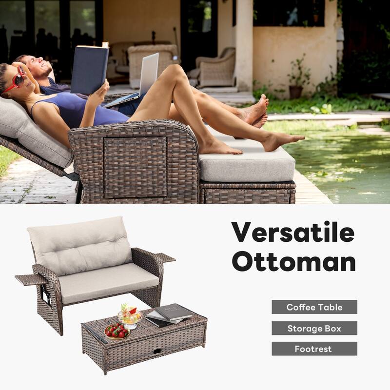 Outdoor Patio Lounge Chair with Ottomans - Brown