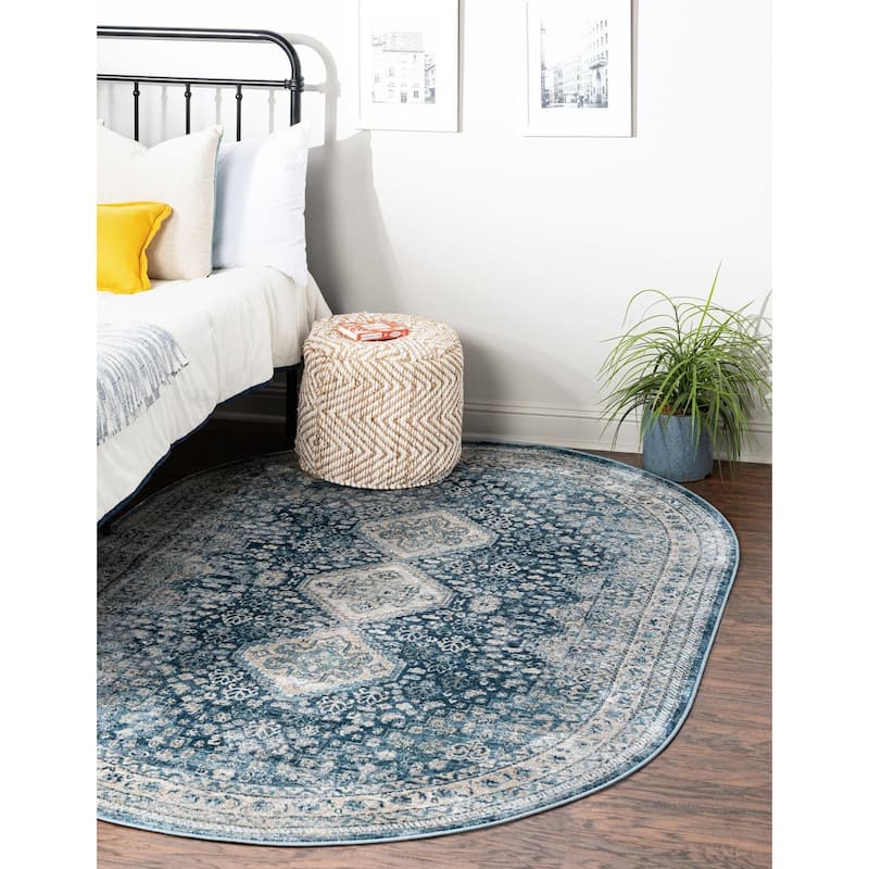Traditional Haifa Collection Area Rug - Navy Blue - 5'3"x8' Oval