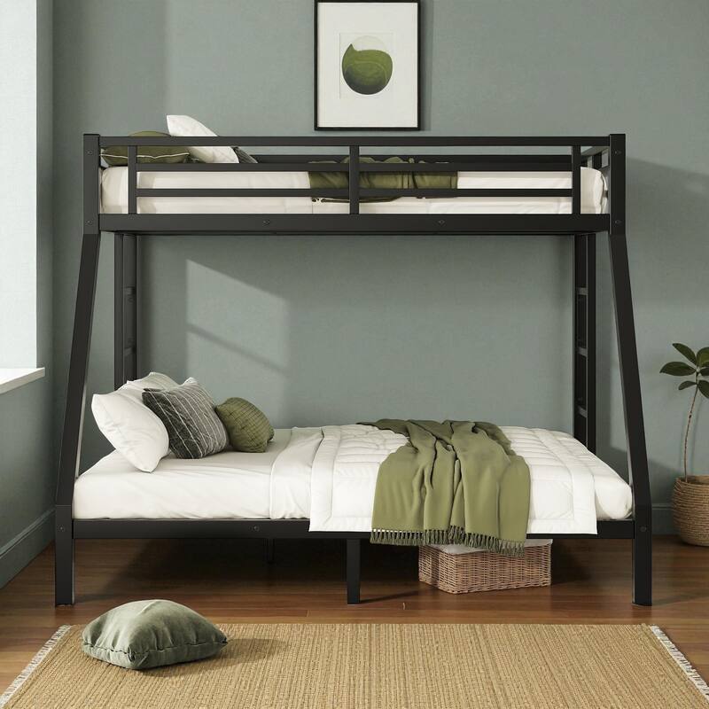 Twin XL over Queen Metal Bunk Bed Frame with Dual Ladders, Guardrails, Under-Bed Storage, and Safety Design