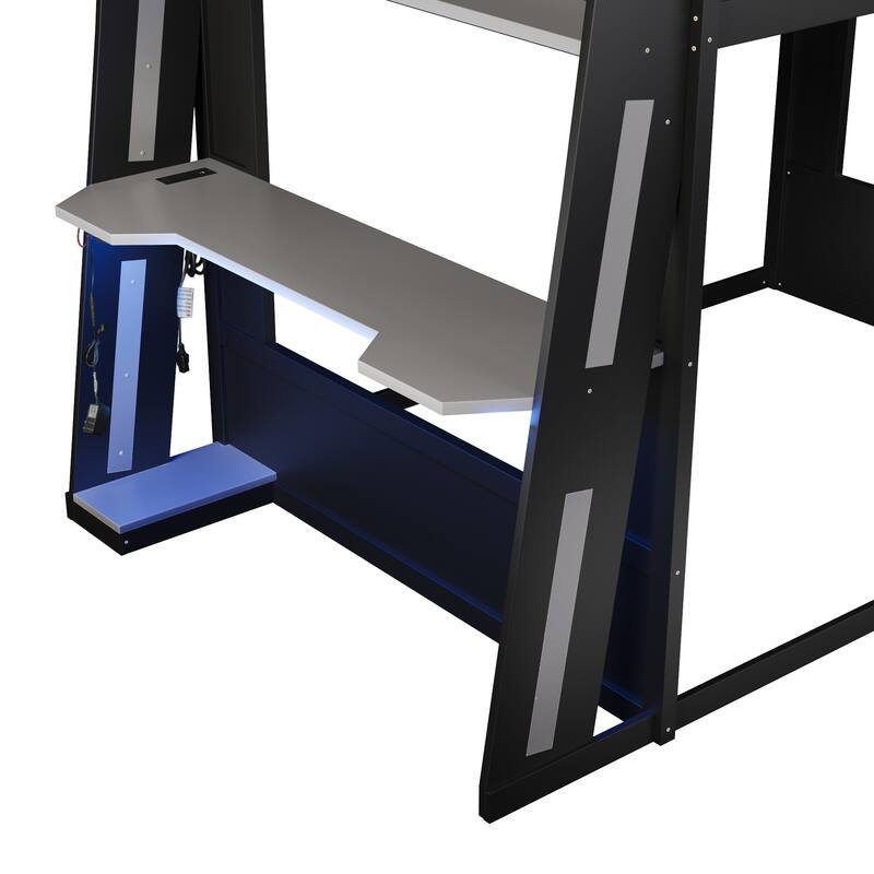Gaming Bunk Bed with Computer Desk, Storage Shelves, USB Port and LED Strip Lighting, Esports Design, Wooden Gaming Bed