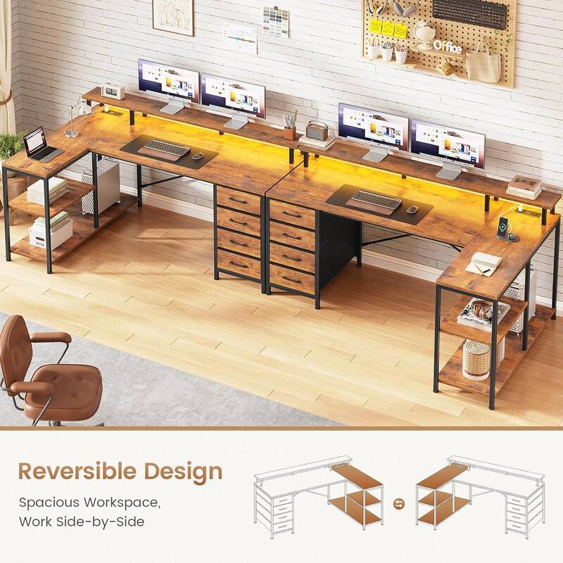 L Shaped Desk with 4 Drawers and Storage Shelves Gaming Desk