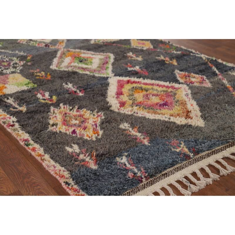 Hand Knotted Oriental 100% Wool Carpet Modern Tribal Greys & Charcoal Moroccan Area Rug - 6' 11'' X 4' 1''