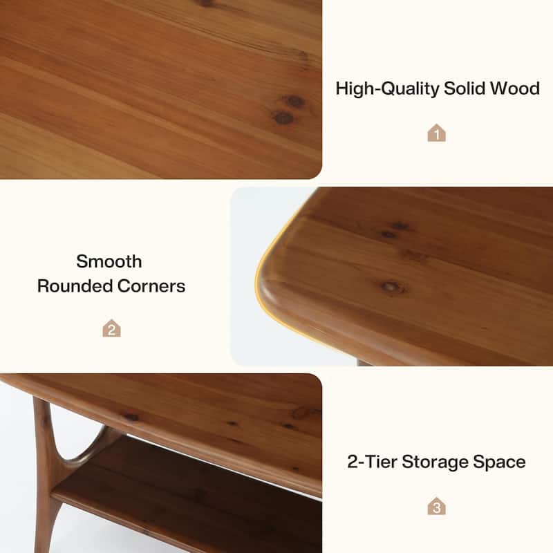 47.24” Mid-Century Modern Solid Wood Coffee Table, 2-Tier Rectangle Living Room Table