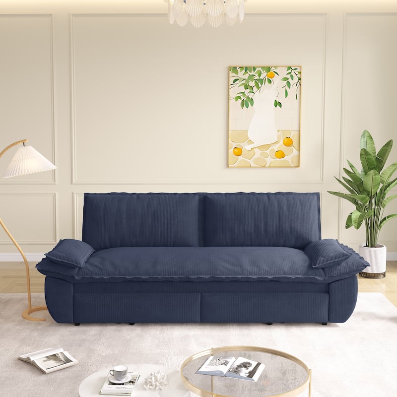 73.2" Queen Pull Out Sofa Bed, 3-in-1 Convertible Sleeper Sofa, Multi-Functional Corduroy Loveseat Bed - Blue