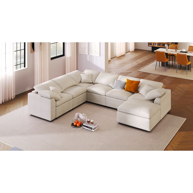 Roomfitters 124.8" 7-Seater Modular Sectional Sofa, Large Modern L-Shaped Upholstered Couch with Ottoman for Living Room, Beige