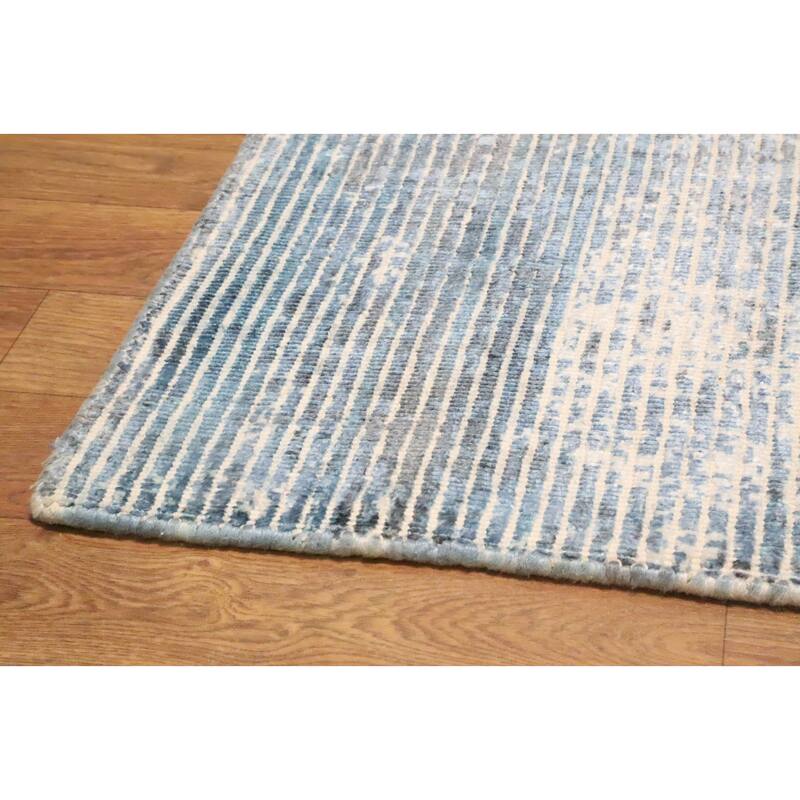 Hand Knotted Oriental Viscose Silk Carpet Modern Abstract Navy Blue & Blues Abstract Area Rug - 4' 0'' X 2' 0''