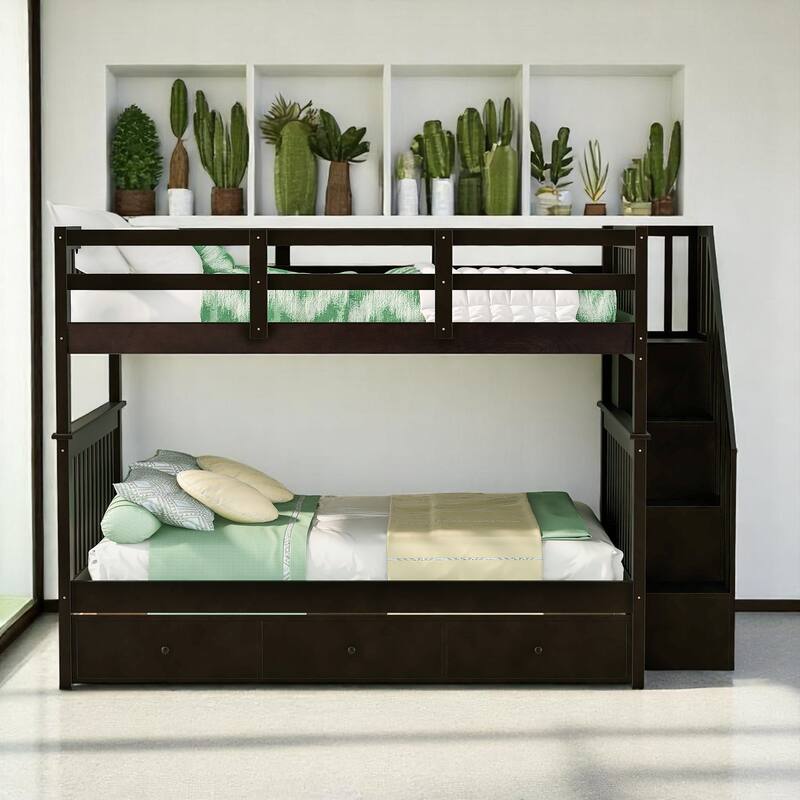 Full Over Full Bunk Bed with Storage Staircase and Shelves, Convertible Design, No Box Spring Needed,kid beds - Espresso