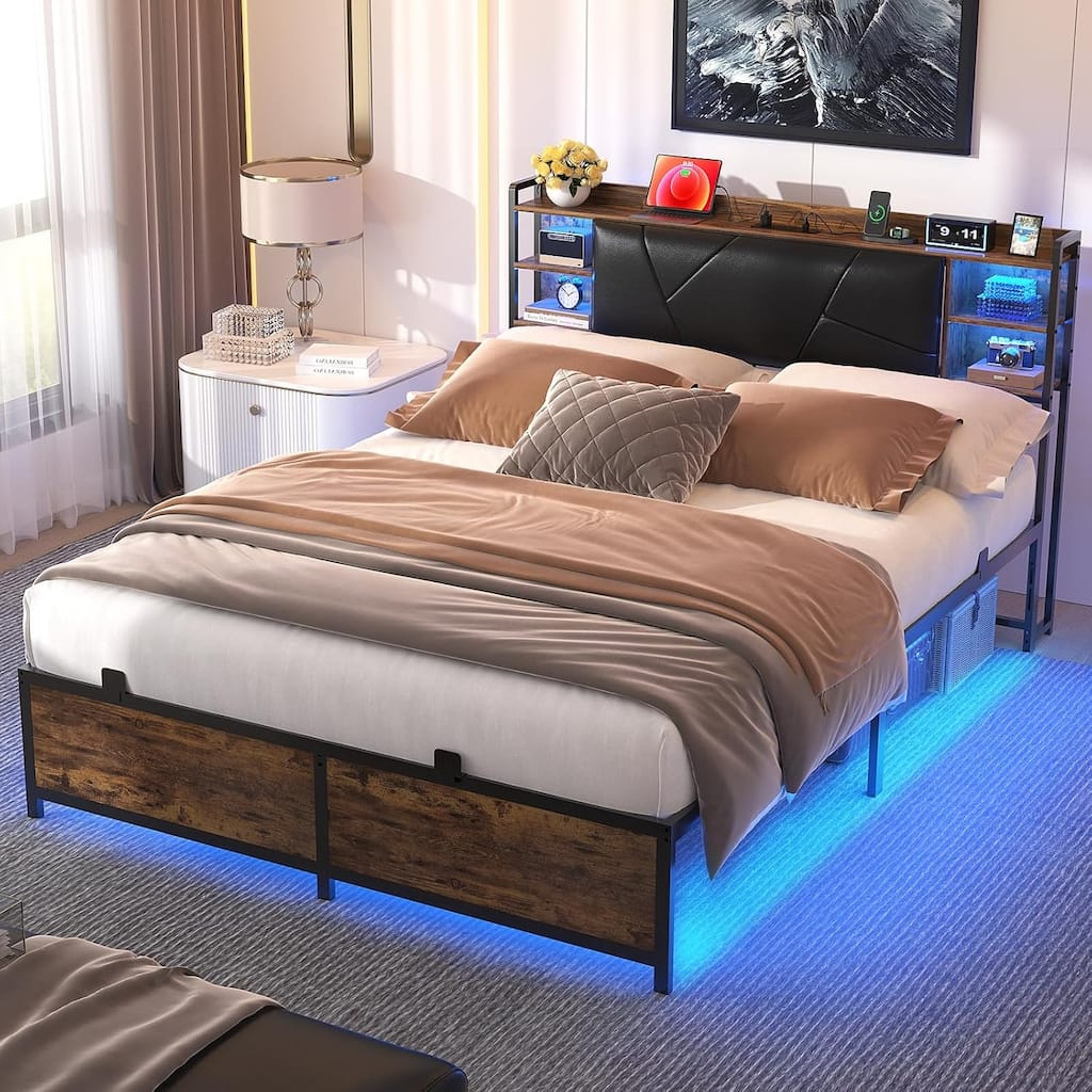 Bed Frame with Upholstered Storage Headboard,Matel Platform Bed with Charging Station and RGB LED Lights,Easy Assembly