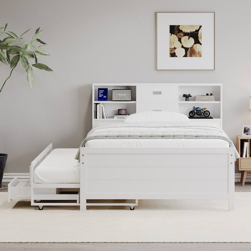 Full/Twin Size Captain Bed with Storage Bookcase Headboard,Captain bed with Trundle and Three Storage Drawer