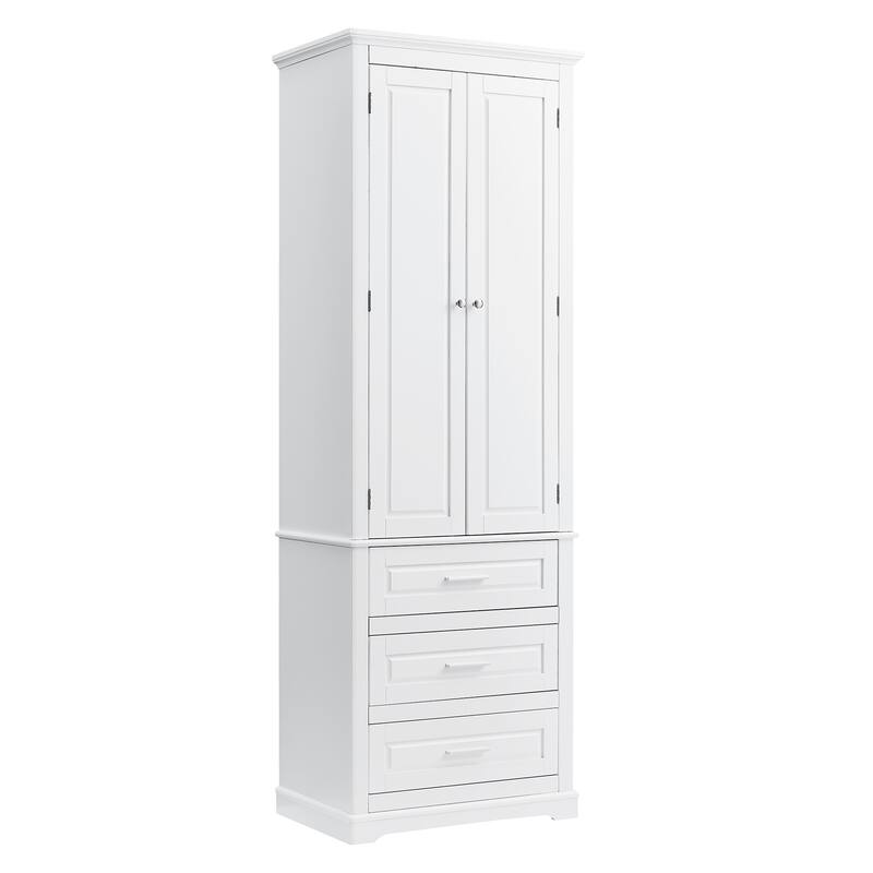 Roomfitters 64" Tall Bathroom Storage Cabinet, Modern MDF Linen Tower with 3 Large Drawers & Adjustable Shelves, White