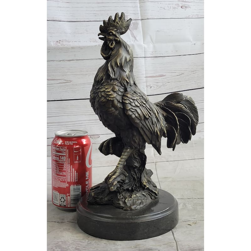 Rooster Chicken Farm Bronze Sculpture Statue Figure On Marble Base Signed Art Decor