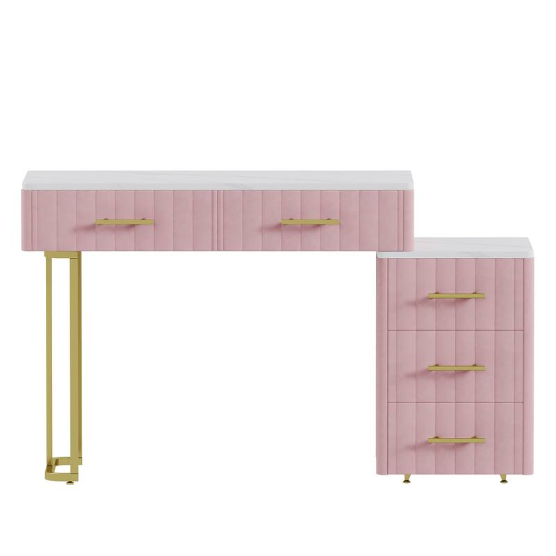 Velvet Upholstered Makeup Vanity Desk with 5 Storage Drawers, Marble-Look Sticker Top Dressing Table and Padded Makeup Chair Set