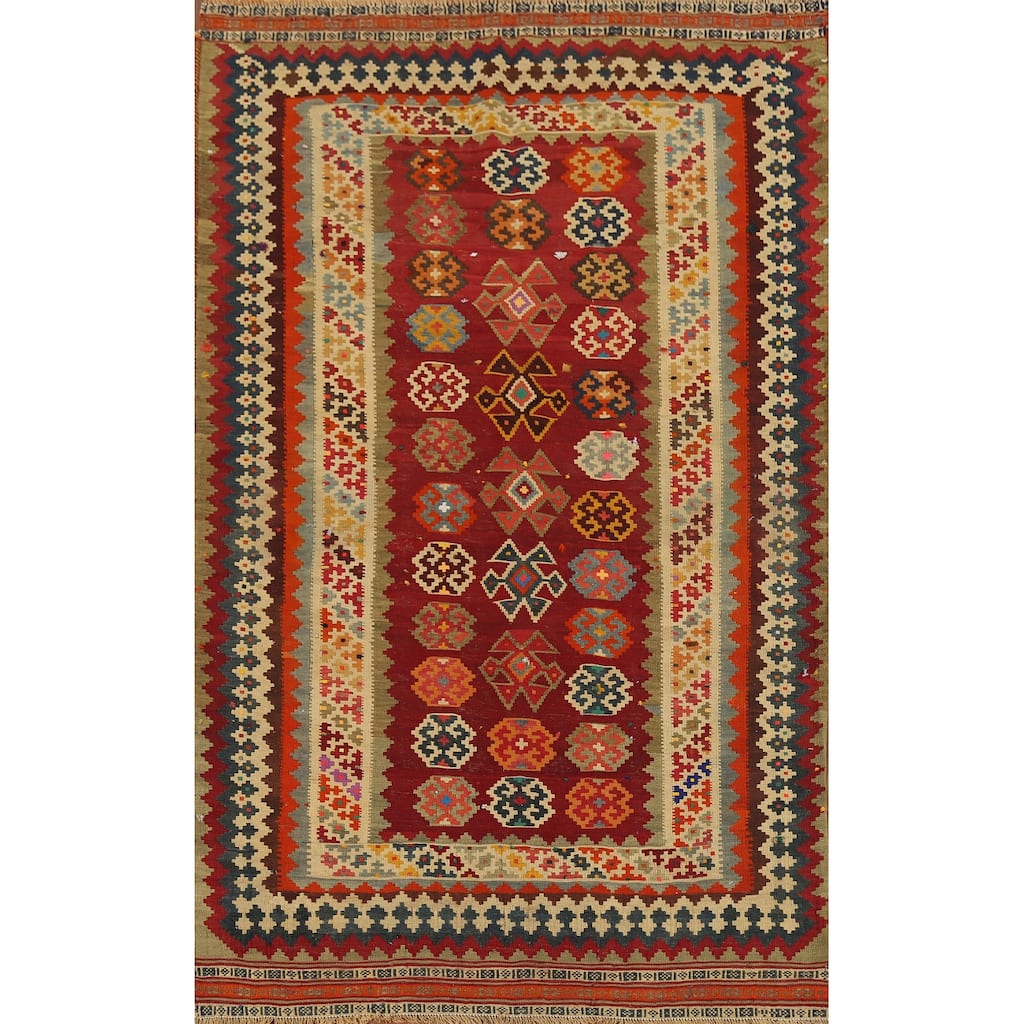 Red Kilim Qashqai Persian Vintage Area Rug Handmade Tribal Wool Carpet - 4'8"x 7'8"