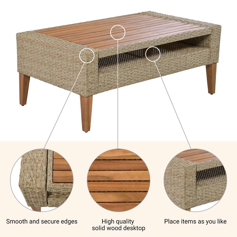 All-Weather PE Wicker Sofa Set with Double Cushions & Wood Legs, 6-Piece Outdoor Rattan Sectional