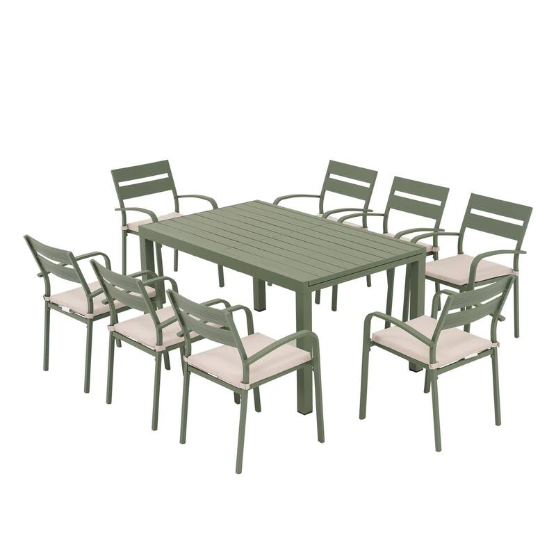 Outdoor 9-piece Aluminum Dining Set Stackable Chairs and Extendable Table