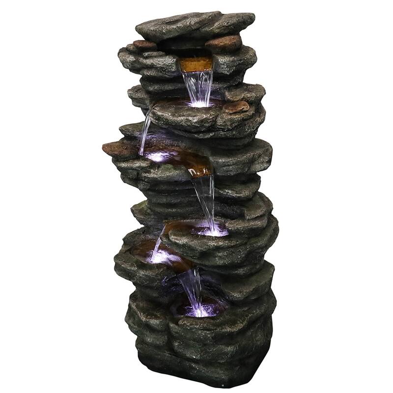 6-Tier Rock Floor Standing Water Fountain with LED Lights and Pump
