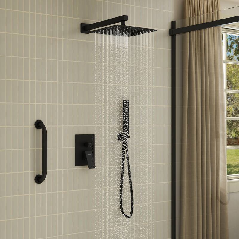 2-Spray 10 in. Wall Mount Fixed and Handheld Shower Head with Shower Grab Bar (Anti Scald Valve Included) - 10" x 10"
