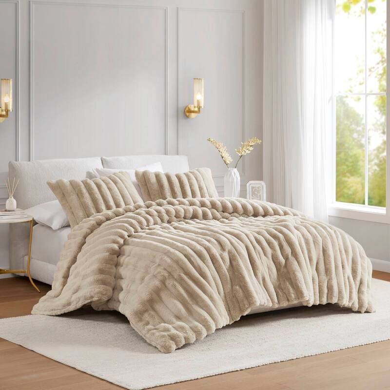 3PCS Full/Queen Fluffy Faux Fur Comforter Set with Ribbed Texture and Velvet Backing - taupe