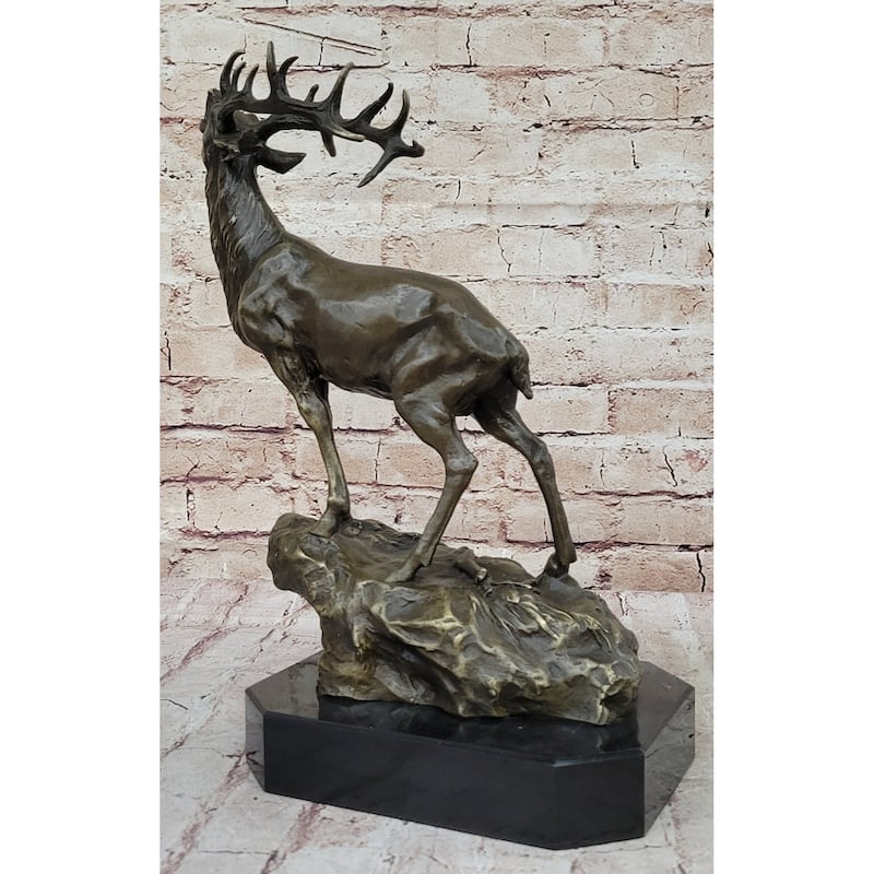 Chalet Lodge Art Elk Stag Buck Deer Hunter Bronze Marble Base Sculpture Statue