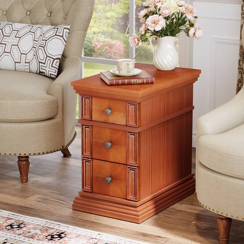 Industrial Farmhouse End Side Table with 3 Drawers for Living Room
