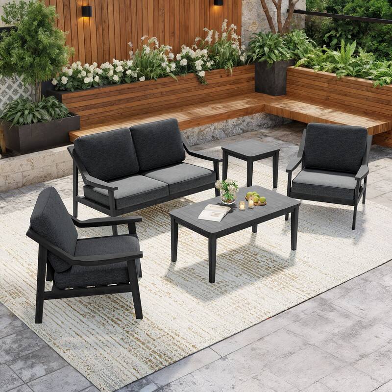 5-Piece Outdoor Sectional Wood Conversation Set with Table - Dark Grey - Black Wood