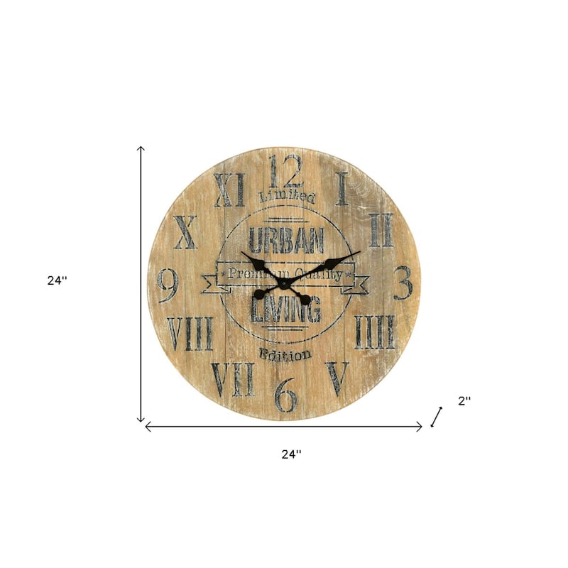 HomeRoots 24" Natural Distressed Solid Wood Silent Analog Round Wall Clock - 24' X '24' X '2