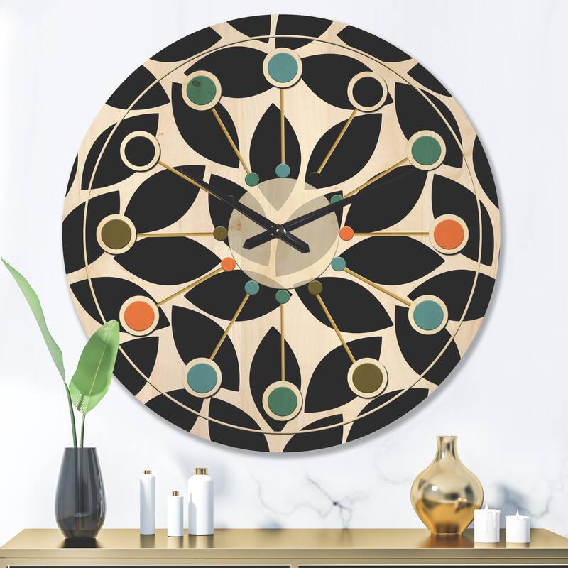 Designart 'Monochrome Geometric Pattern XII' Mid-Century Modern Wood Wall Clock
