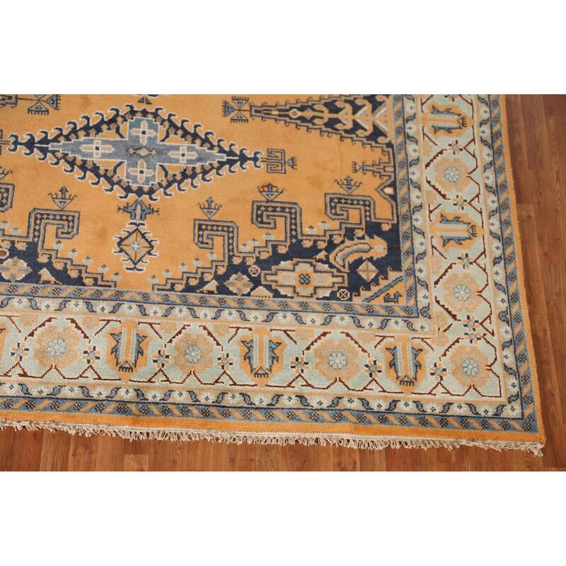 Geometric Viss Indian Area Rug Handmade Orange Wool Carpet - 8'10" x 12'1"