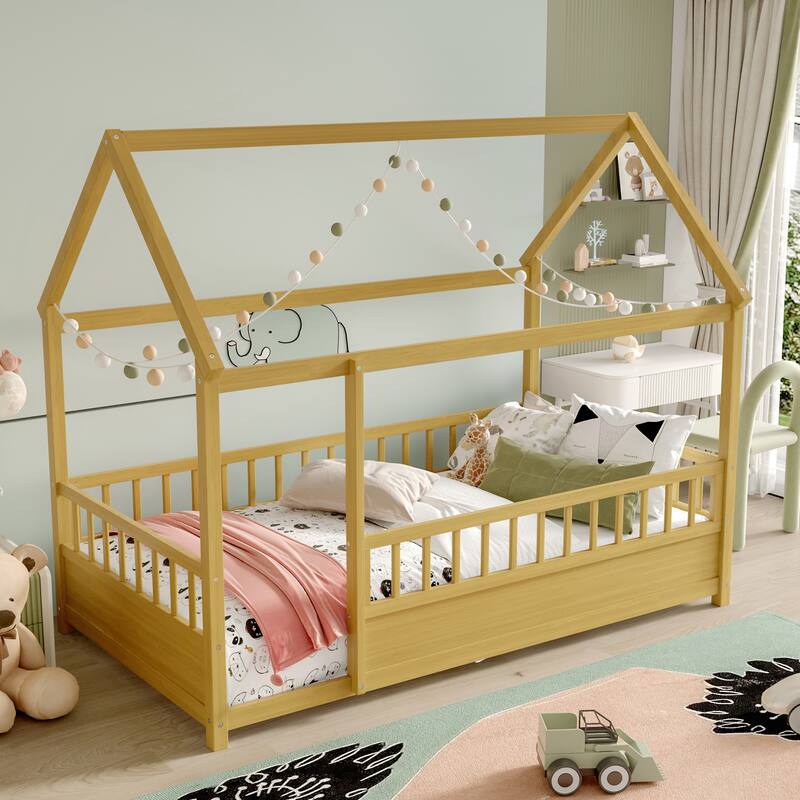Natural Wooden Montessori Toddler Bed Floor House Bed Frame with Safety High Fence, Open Entran and Roof Design