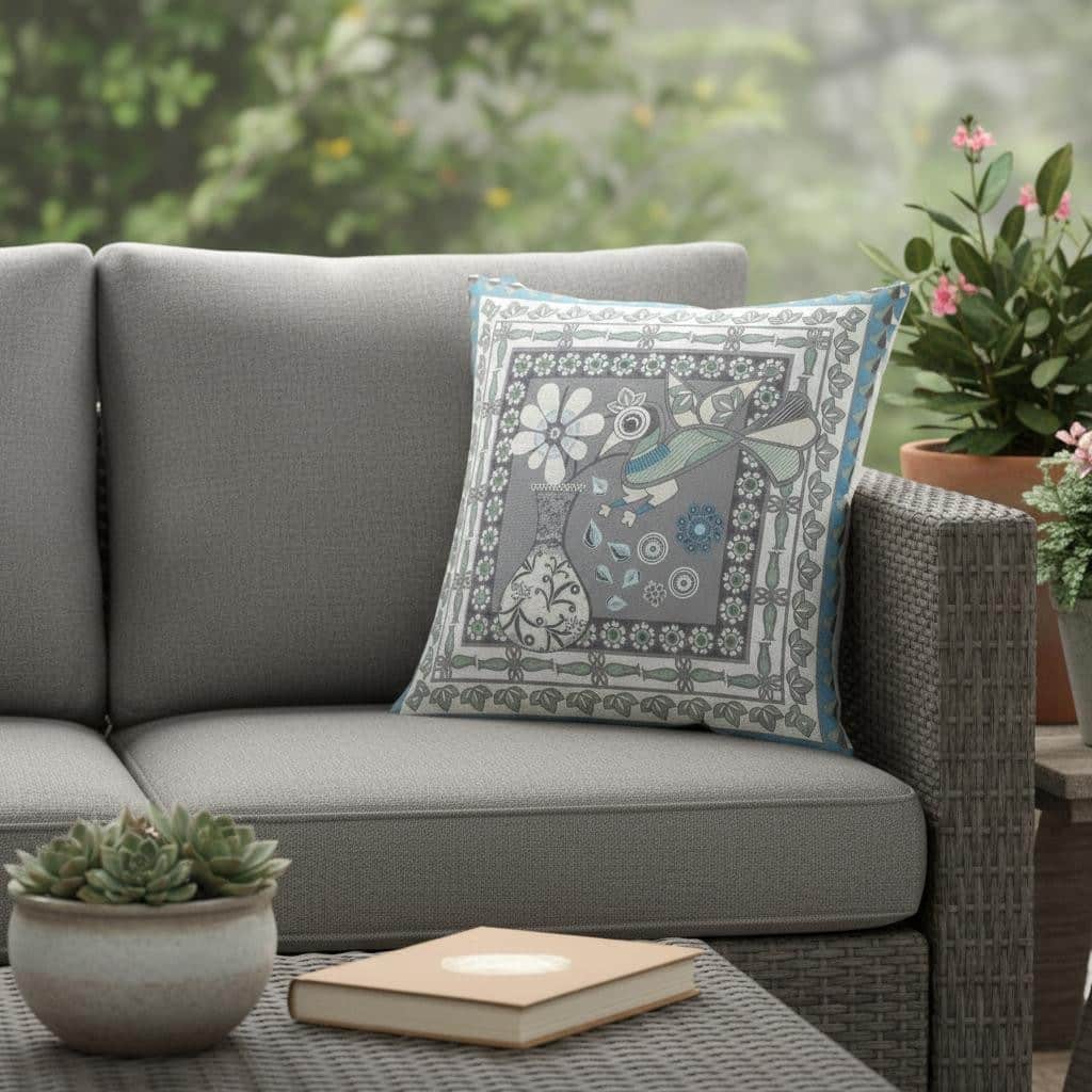 HomeRoots 18" x 18" Gray and White Peacock Blown Seam Floral Indoor Outdoor Throw Pillow - 18.00' X '5.00' X '18.00