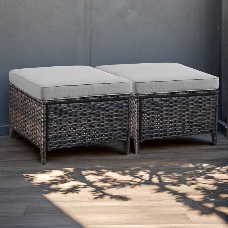 Wicker Rattan Ottoman Outdoor Patio Ottoman - Brown - Grey