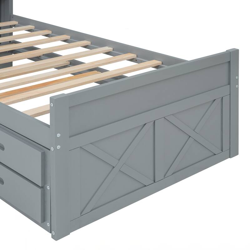 Twin Size Wooden Bed with Storage Headboard with Outlets