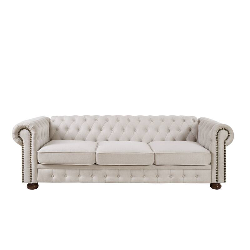 Chesterfield Sofa, 88.5" Upholstered Sofa Couch with Low Back, Roll Arm Nailhead Trim Classic 3 Seater Sofa for Living Room Home