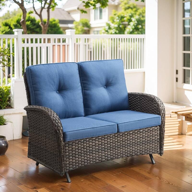 Outdoor Glider Loveseat Patio Wicker Sofa - Brown - Blue