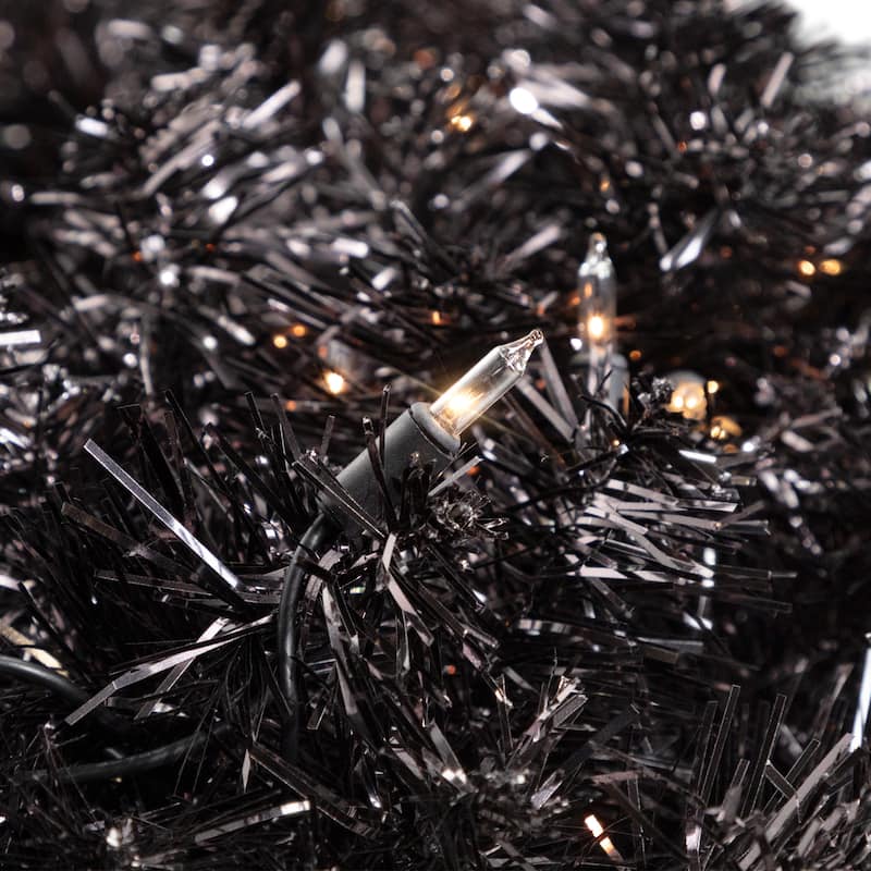 Pre-Lit Artificial Halloween Tinsel Wreath - 24" - Black - Clear Lights