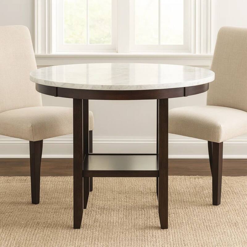 Kate 42 Inch Round Counter Table, Faux Marble Top, White, Espresso