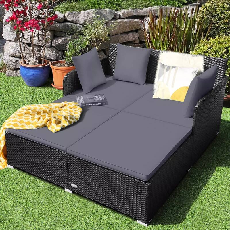 Outdoor Rattan Daybed with Cushions for Patio or Backyard - 61" x 52" x 27.5" - Grey