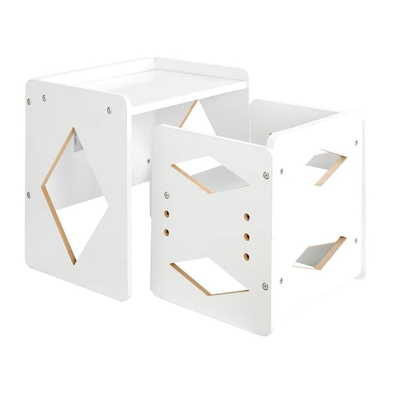 White MDF Adjustable Kids Table Chair Set with Pattern & Handle - 15.4 x 12 x 15 in
