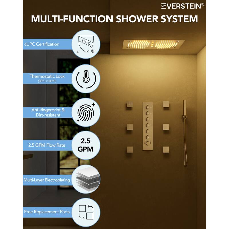 Shower Faucet System 28"*16" Ceiling Mount Shower Head with 4 Spray Mode Body Jets Handheld Spray LUXURY LED