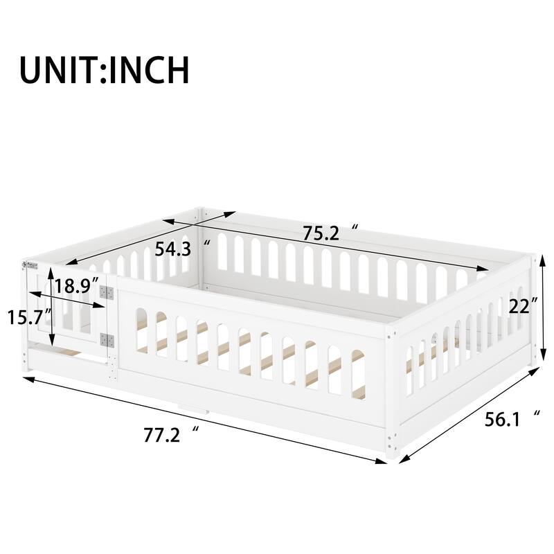 Full Size Floor Bed with Slats, Solid Wood Bedframe with Heightened Safety Guardrails and Door