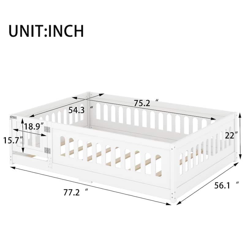 Full Size Montessori Floor Bed with Safety Guardrails & Door - 300LB Capacity