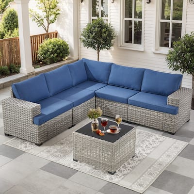 Gymojoy Outdoor Wicker Sectional Sofa Set with Glass Table, Wide Armrests & Water-resistant Cushions, Patio Furniture for Garden