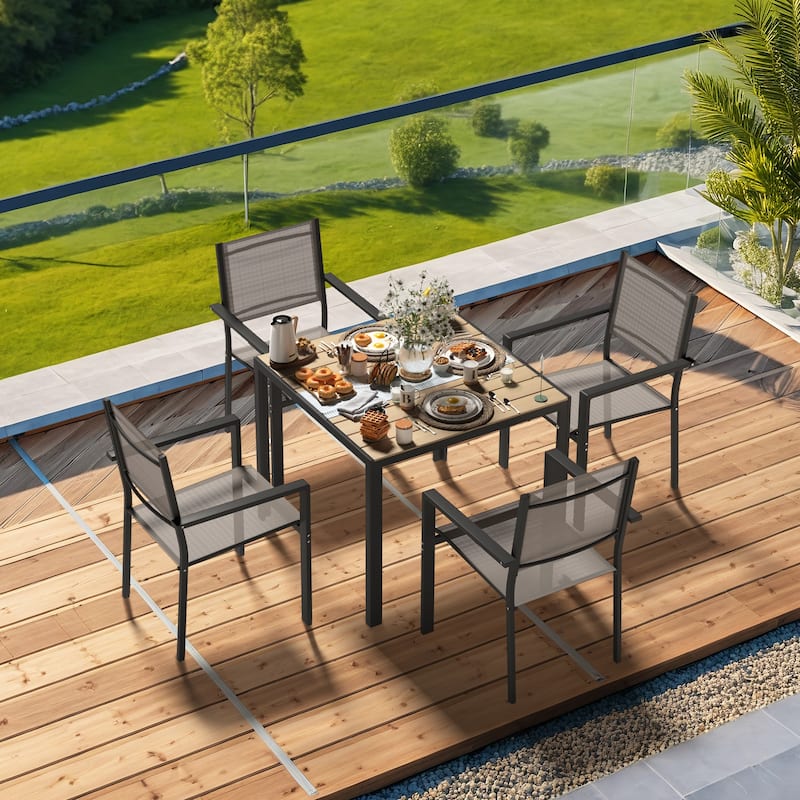 Outdoor Dining Set with Table & Stackable Textilene Chairs, 5-Piece Durable WPC Tabletop & Rust-Resistant Frame for Patio
