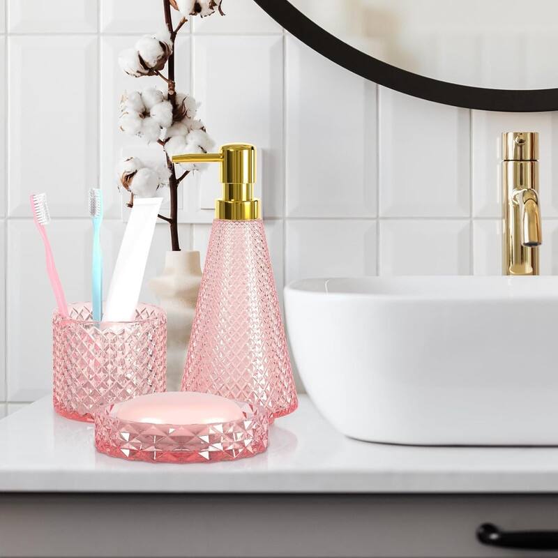 Bathroom Accessory Set - Pink/Stainless Steel