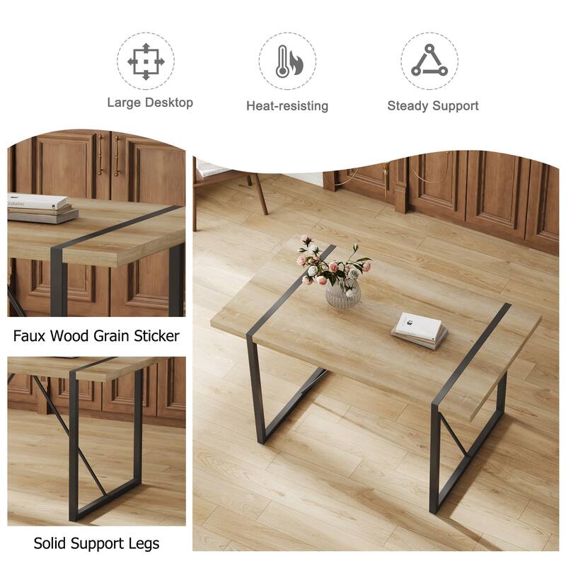 5-Piece Modern Medieval Dining Table Set with 4 Upholstered Chairs, Rustic Industrial Wood Dining Table for Dining Room