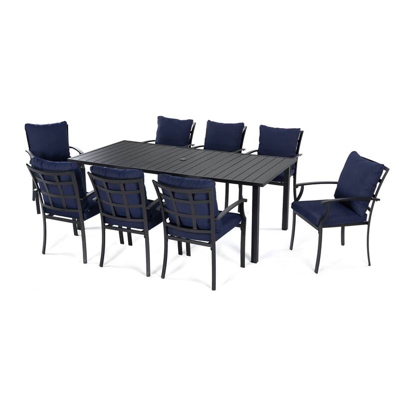 IvyGlow 9-Piece Black Metal Patio Dining Set with Rectangular Table and Gray Cushions