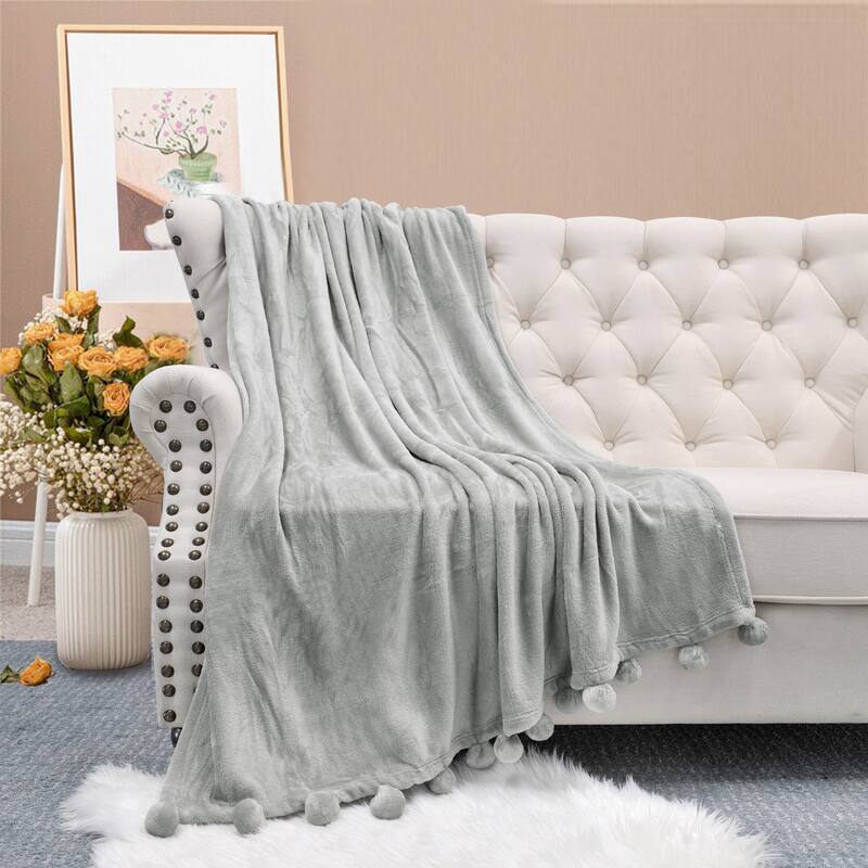 Pompom Flannel Fleece Throw - 50" x 60'' - Silver Grey