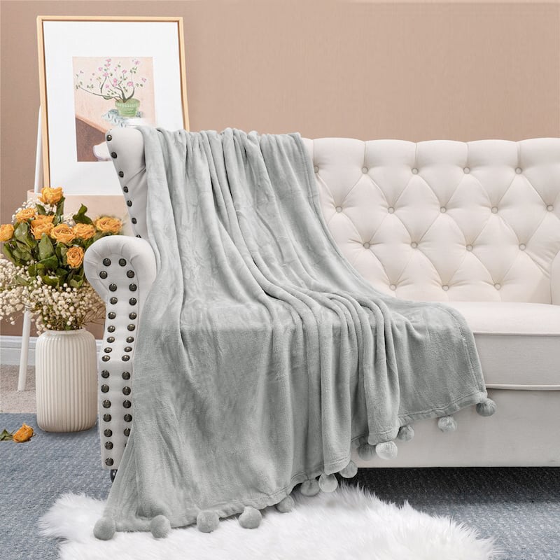Pompom Flannel Fleece Throw - 60'' x 80'' - Silver Grey