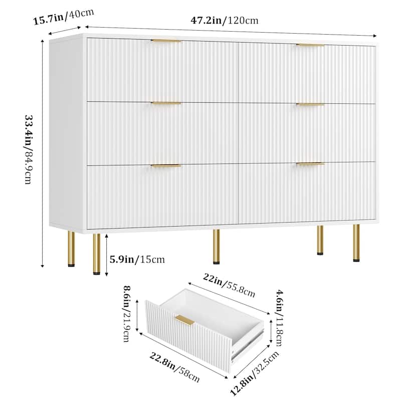 6 Drawer Fluted Dresser for Bedroom, Modern Wooden Storage Chest with Gold Handles